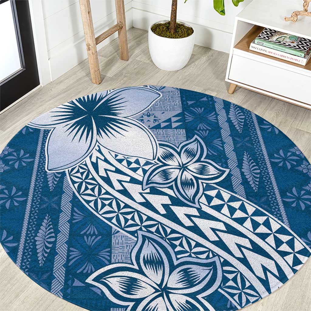 Tonga Kupesi Ngatu Round Carpet Vintage Blue Plumeria