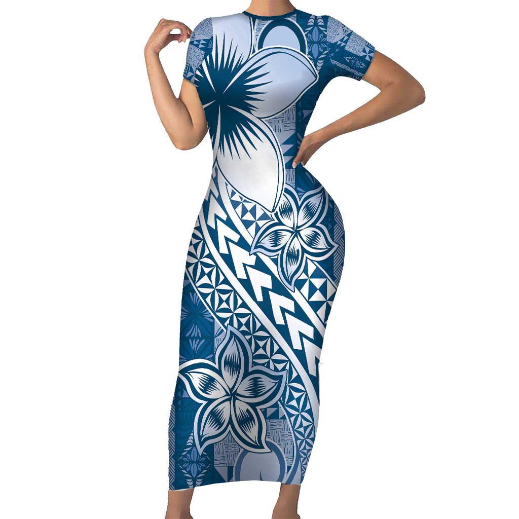 Tonga Kupesi Ngatu Short Sleeve Bodycon Dress Vintage Blue Plumeria