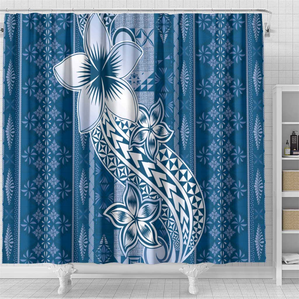 Tonga Kupesi Ngatu Shower Curtain Vintage Blue Plumeria