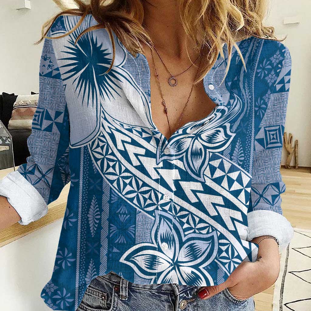 Tonga Kupesi Ngatu Women Casual Shirt Vintage Blue Plumeria