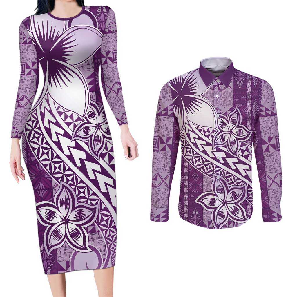 Tonga Kupesi Ngatu Couples Matching Long Sleeve Bodycon Dress and Long Sleeve Button Shirt Vintage Purple Plumeria LT05 Purple - Polynesian Pride