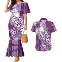 Tonga Kupesi Ngatu Couples Matching Mermaid Dress and Hawaiian Shirt Vintage Purple Plumeria LT05 Purple - Polynesian Pride