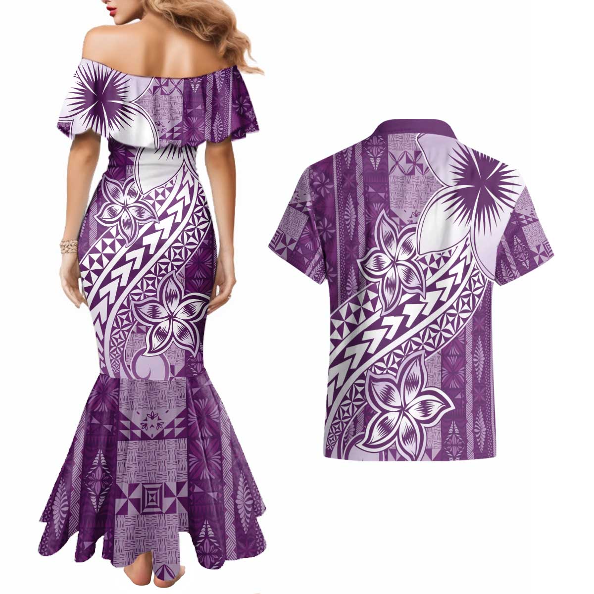 Tonga Kupesi Ngatu Couples Matching Mermaid Dress and Hawaiian Shirt Vintage Purple Plumeria LT05 - Polynesian Pride