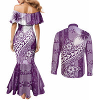 Tonga Kupesi Ngatu Couples Matching Mermaid Dress and Long Sleeve Button Shirt Vintage Purple Plumeria LT05 - Polynesian Pride