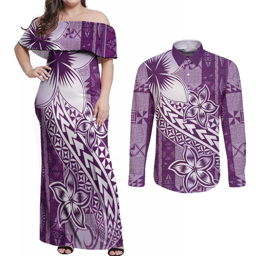 Tonga Kupesi Ngatu Couples Matching Off Shoulder Maxi Dress and Long Sleeve Button Shirt Vintage Purple Plumeria