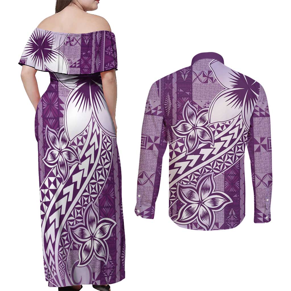 Tonga Kupesi Ngatu Couples Matching Off Shoulder Maxi Dress and Long Sleeve Button Shirt Vintage Purple Plumeria