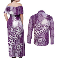 Tonga Kupesi Ngatu Couples Matching Off Shoulder Maxi Dress and Long Sleeve Button Shirt Vintage Purple Plumeria