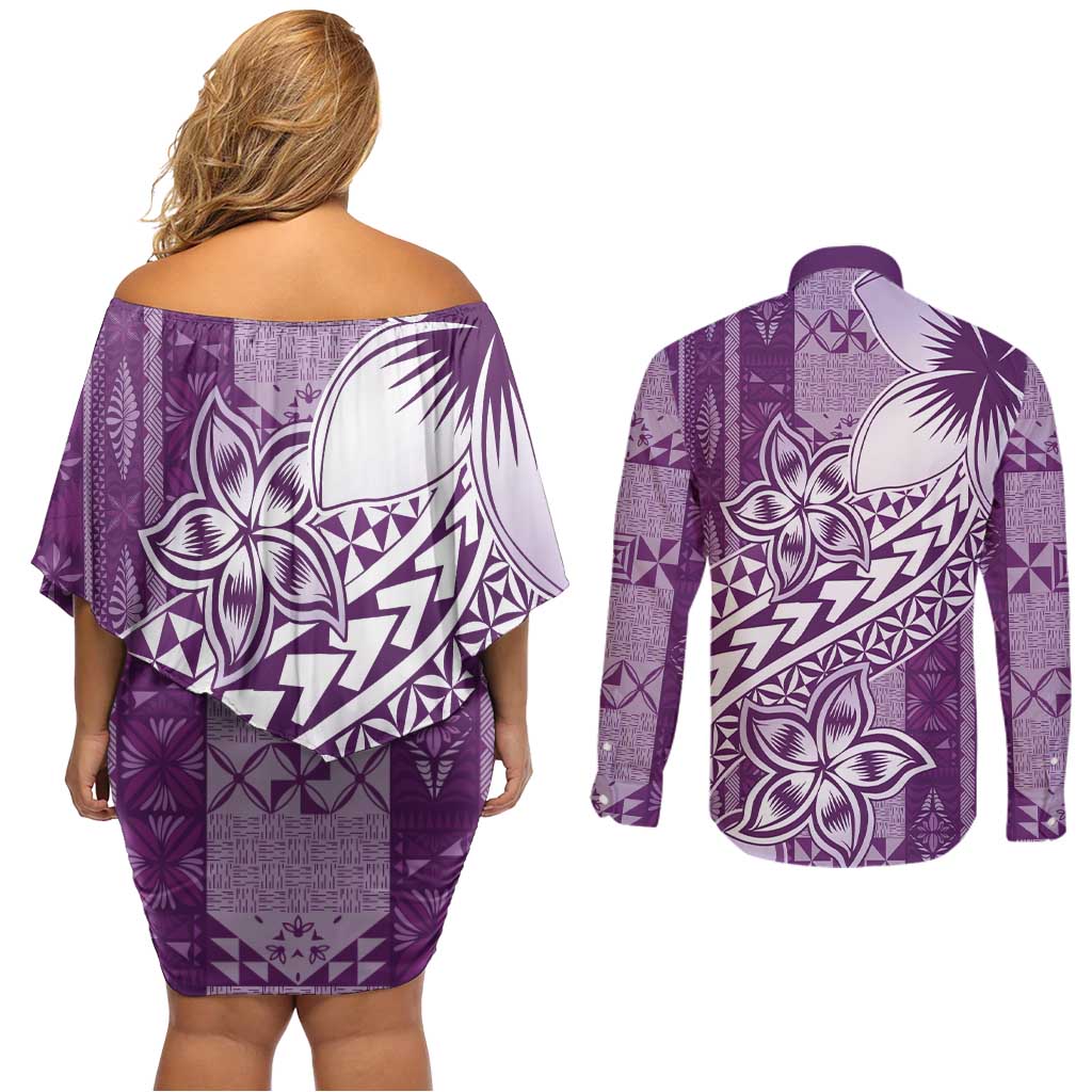 Tonga Kupesi Ngatu Couples Matching Off Shoulder Short Dress and Long Sleeve Button Shirt Vintage Purple Plumeria