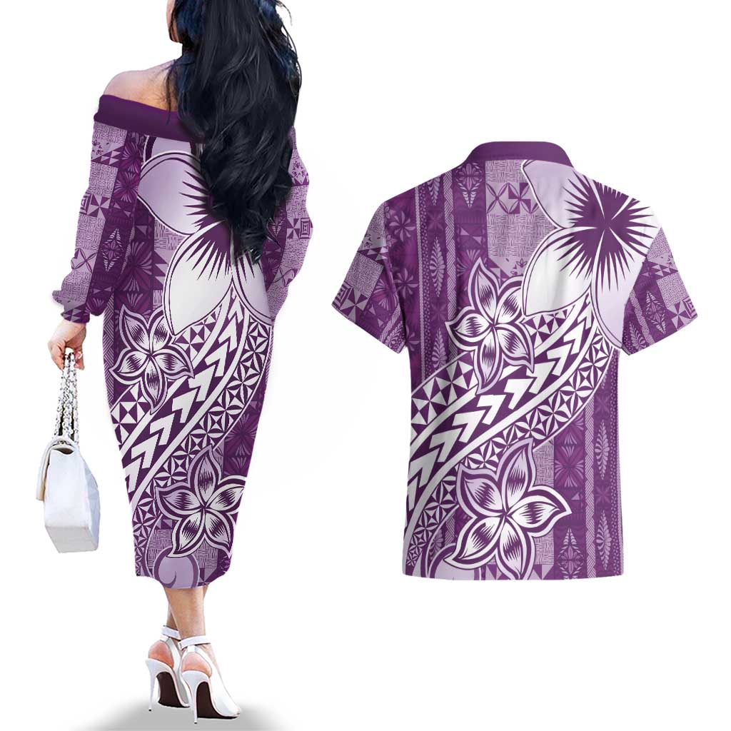 Tonga Kupesi Ngatu Couples Matching Off The Shoulder Long Sleeve Dress and Hawaiian Shirt Vintage Purple Plumeria LT05 - Polynesian Pride