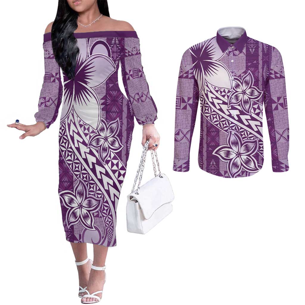 Tonga Kupesi Ngatu Couples Matching Off The Shoulder Long Sleeve Dress and Long Sleeve Button Shirt Vintage Purple Plumeria LT05 Purple - Polynesian Pride