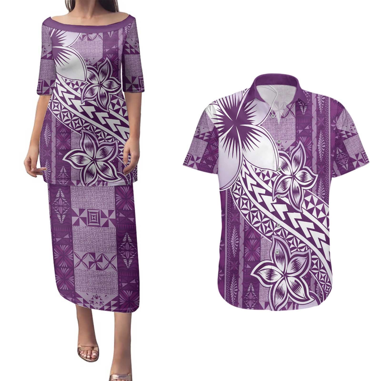 Tonga Kupesi Ngatu Couples Matching Puletasi and Hawaiian Shirt Vintage Purple Plumeria