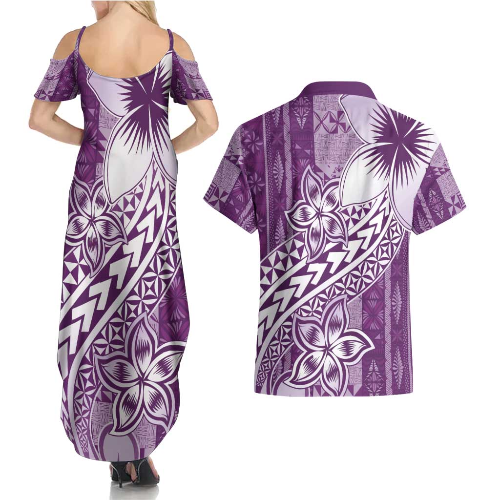 Tonga Kupesi Ngatu Couples Matching Summer Maxi Dress and Hawaiian Shirt Vintage Purple Plumeria LT05 - Polynesian Pride