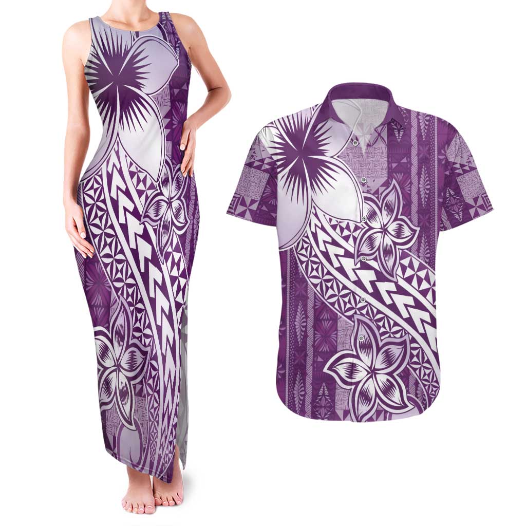 Tonga Kupesi Ngatu Couples Matching Tank Maxi Dress and Hawaiian Shirt Vintage Purple Plumeria LT05 Purple - Polynesian Pride