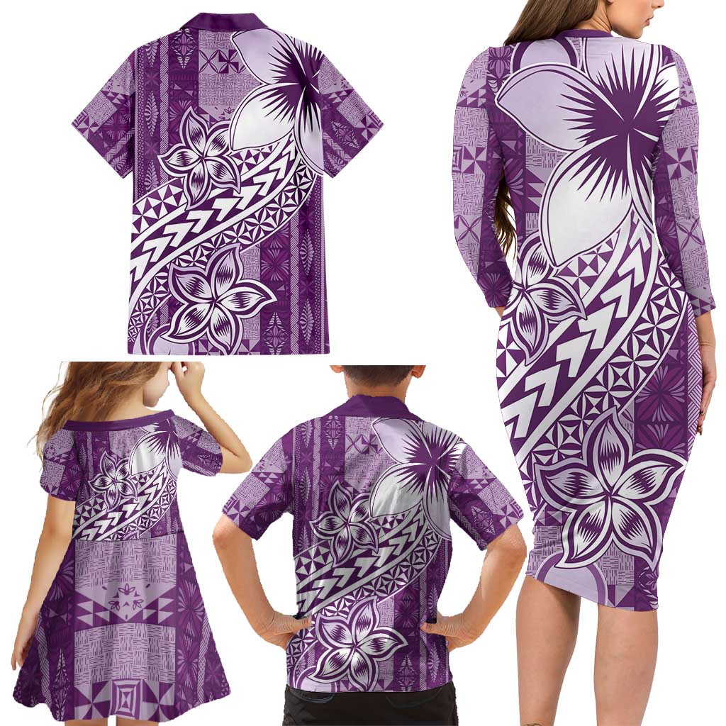 Tonga Kupesi Ngatu Family Matching Long Sleeve Bodycon Dress and Hawaiian Shirt Vintage Purple Plumeria LT05 - Polynesian Pride
