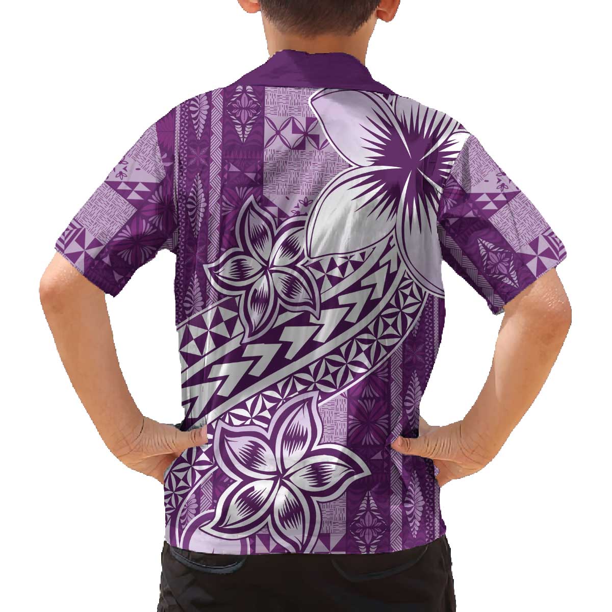 Tonga Kupesi Ngatu Family Matching Off The Shoulder Long Sleeve Dress and Hawaiian Shirt Vintage Purple Plumeria LT05 - Polynesian Pride