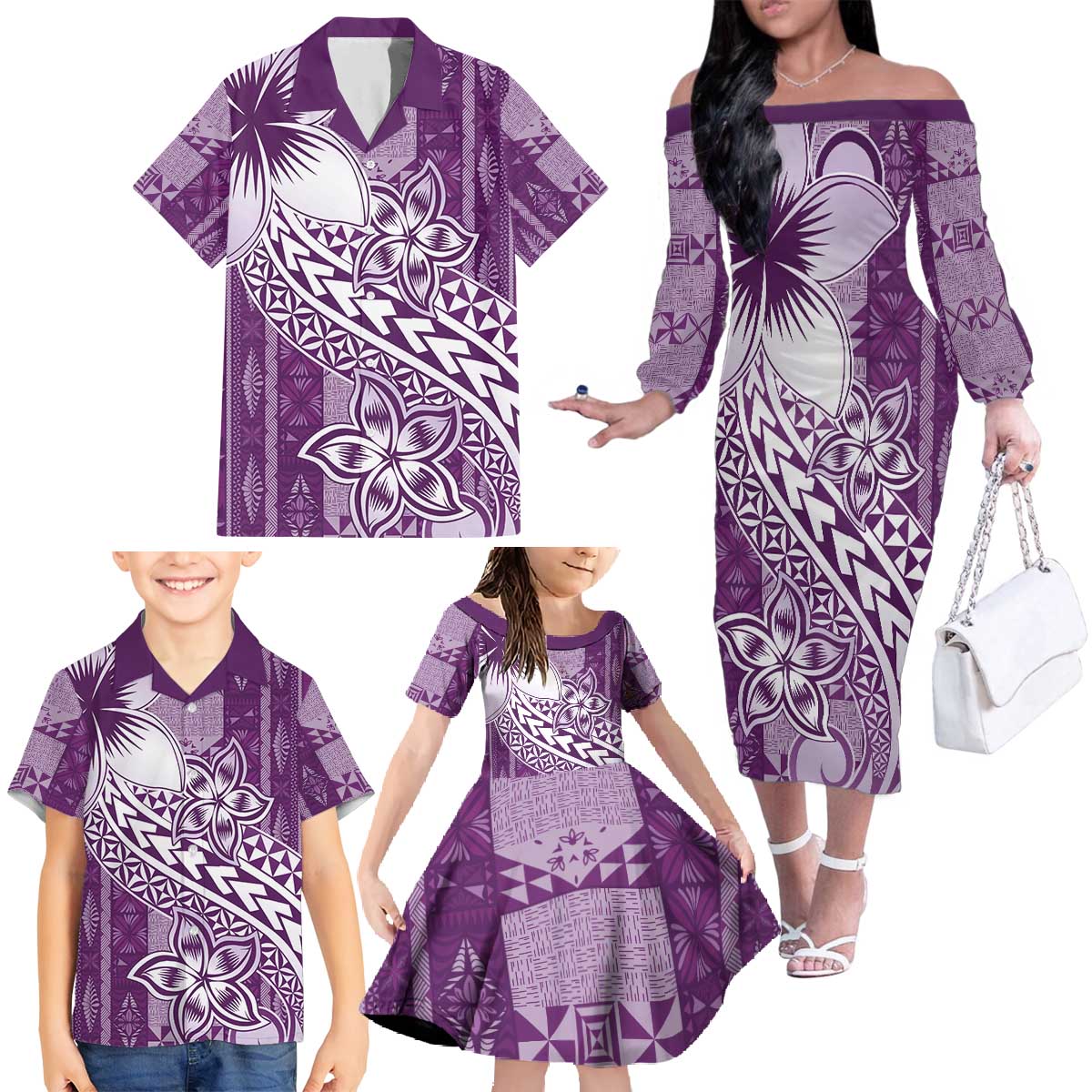 Tonga Kupesi Ngatu Family Matching Off The Shoulder Long Sleeve Dress and Hawaiian Shirt Vintage Purple Plumeria LT05 - Polynesian Pride