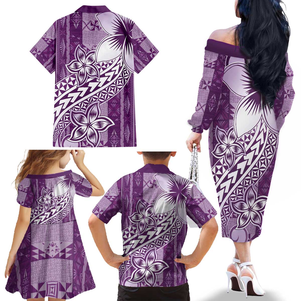 Tonga Kupesi Ngatu Family Matching Off The Shoulder Long Sleeve Dress and Hawaiian Shirt Vintage Purple Plumeria LT05 - Polynesian Pride