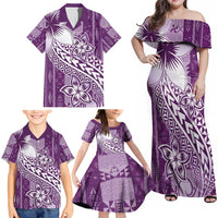 Tonga Kupesi Ngatu Family Matching Off Shoulder Maxi Dress and Hawaiian Shirt Vintage Purple Plumeria
