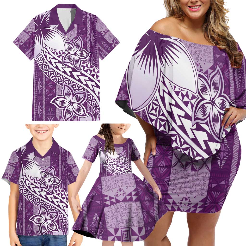 Tonga Kupesi Ngatu Family Matching Off Shoulder Short Dress and Hawaiian Shirt Vintage Purple Plumeria
