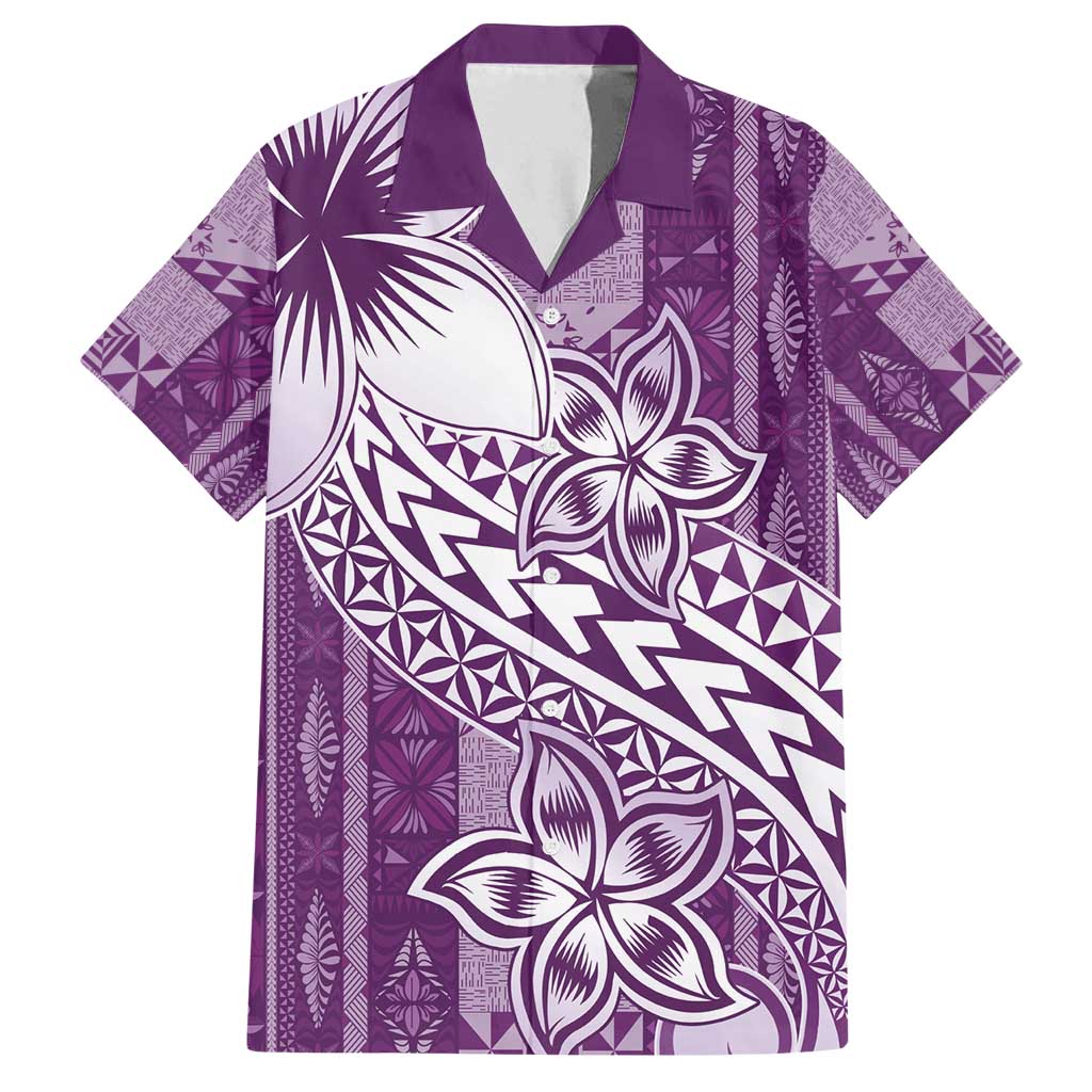 Tonga Kupesi Ngatu Family Matching Off Shoulder Short Dress and Hawaiian Shirt Vintage Purple Plumeria