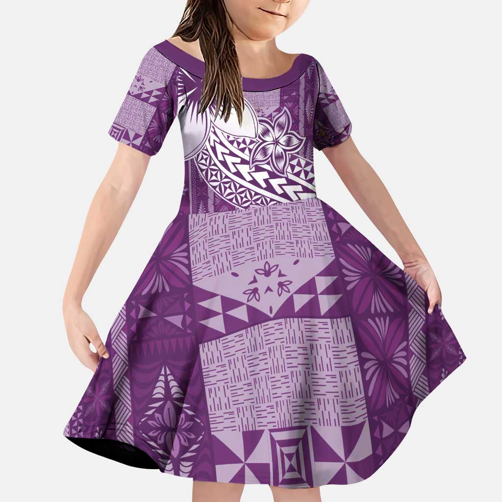 Tonga Kupesi Ngatu Family Matching Puletasi and Hawaiian Shirt Vintage Purple Plumeria LT05 Daughter's Dress Purple - Polynesian Pride