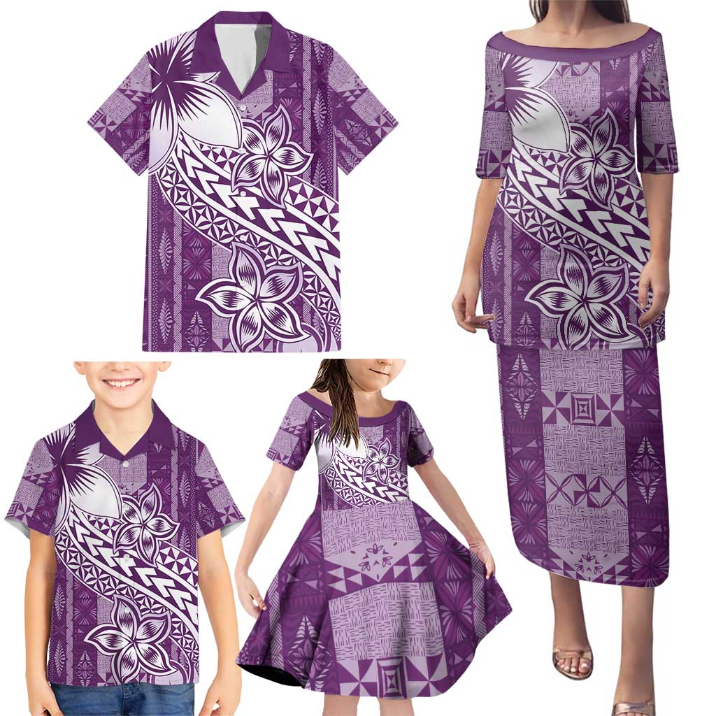 Tonga Kupesi Ngatu Family Matching Puletasi and Hawaiian Shirt Vintage Purple Plumeria LT05 - Polynesian Pride