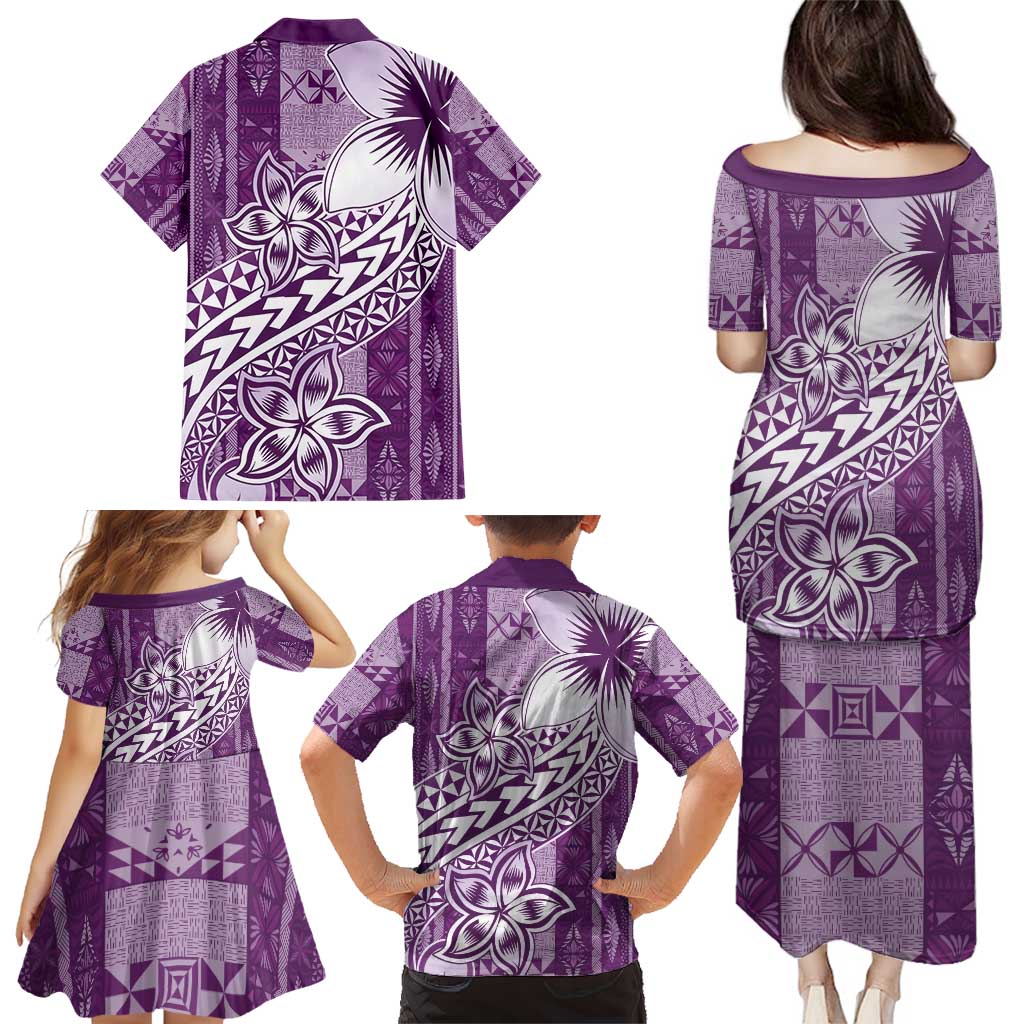 Tonga Kupesi Ngatu Family Matching Puletasi and Hawaiian Shirt Vintage Purple Plumeria LT05 - Polynesian Pride
