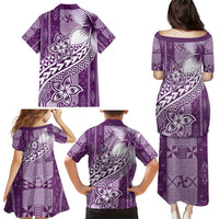 Tonga Kupesi Ngatu Family Matching Puletasi and Hawaiian Shirt Vintage Purple Plumeria LT05 - Polynesian Pride