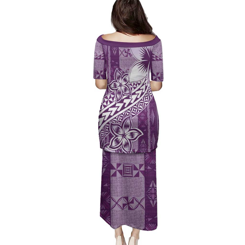 Tonga Kupesi Ngatu Family Matching Puletasi and Hawaiian Shirt Vintage Purple Plumeria LT05 - Polynesian Pride