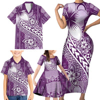 Tonga Kupesi Ngatu Family Matching Short Sleeve Bodycon Dress and Hawaiian Shirt Vintage Purple Plumeria LT05 - Polynesian Pride