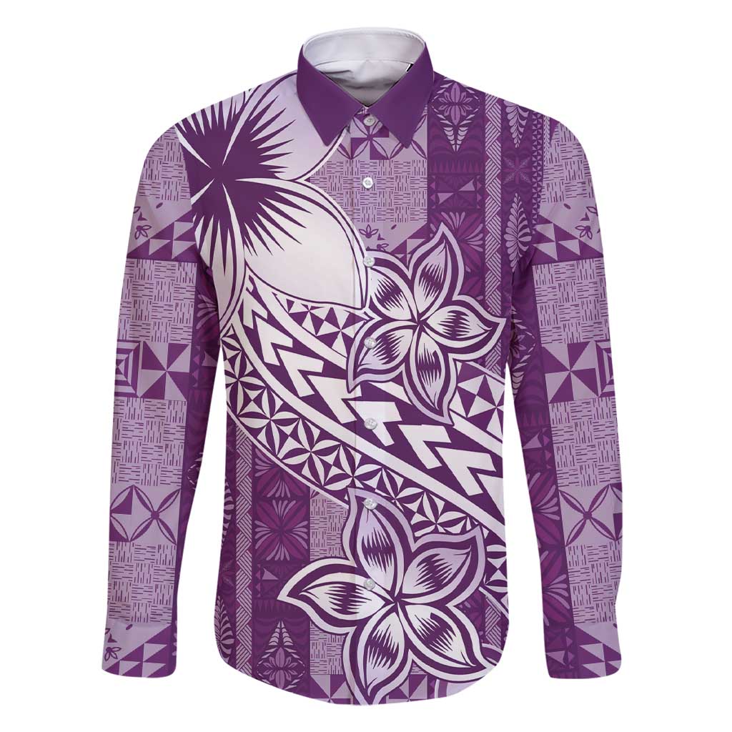 Tonga Kupesi Ngatu Family Matching Short Sleeve Bodycon Dress and Hawaiian Shirt Vintage Purple Plumeria LT05 Dad's Shirt - Long Sleeve Purple - Polynesian Pride