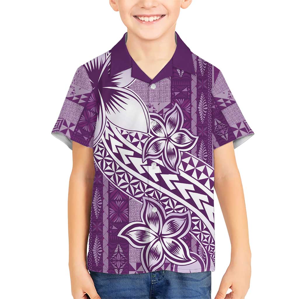 Tonga Kupesi Ngatu Family Matching Short Sleeve Bodycon Dress and Hawaiian Shirt Vintage Purple Plumeria LT05 Son's Shirt Purple - Polynesian Pride