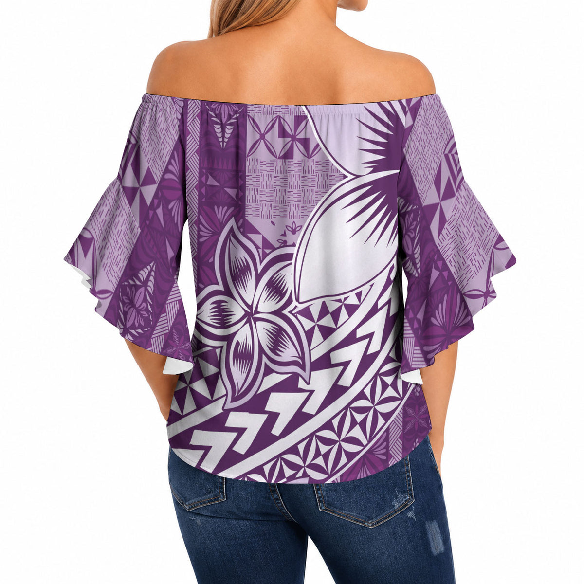 Tonga Kupesi Ngatu Off Shoulder Wrap Waist Top Vintage Purple Plumeria LT05 - Polynesian Pride