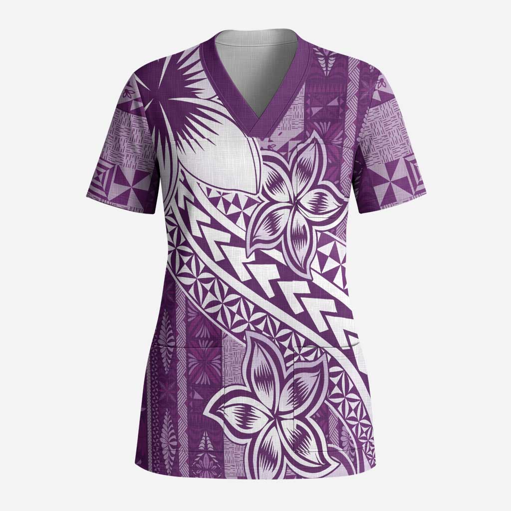 Tonga Kupesi Ngatu Scrub Top Vintage Purple Plumeria - Polynesian Pride