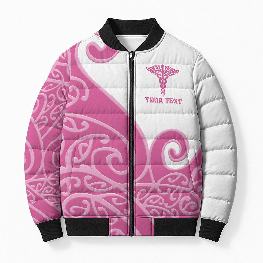 Personalised New Zealand Nurse Bomber Puffer Jacket Maori Koru Pink Version