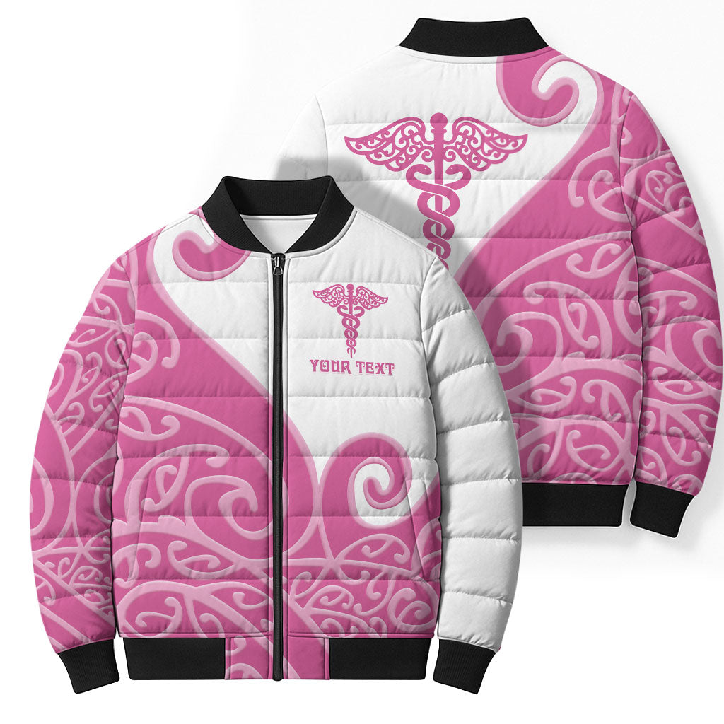 Personalised New Zealand Nurse Bomber Puffer Jacket Maori Koru Pink Version