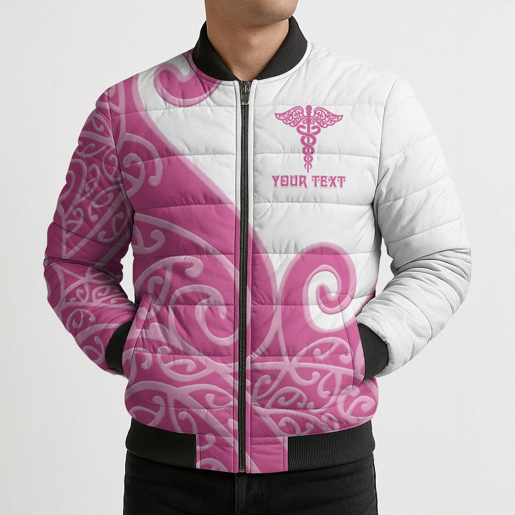 Personalised New Zealand Nurse Bomber Puffer Jacket Maori Koru Pink Version