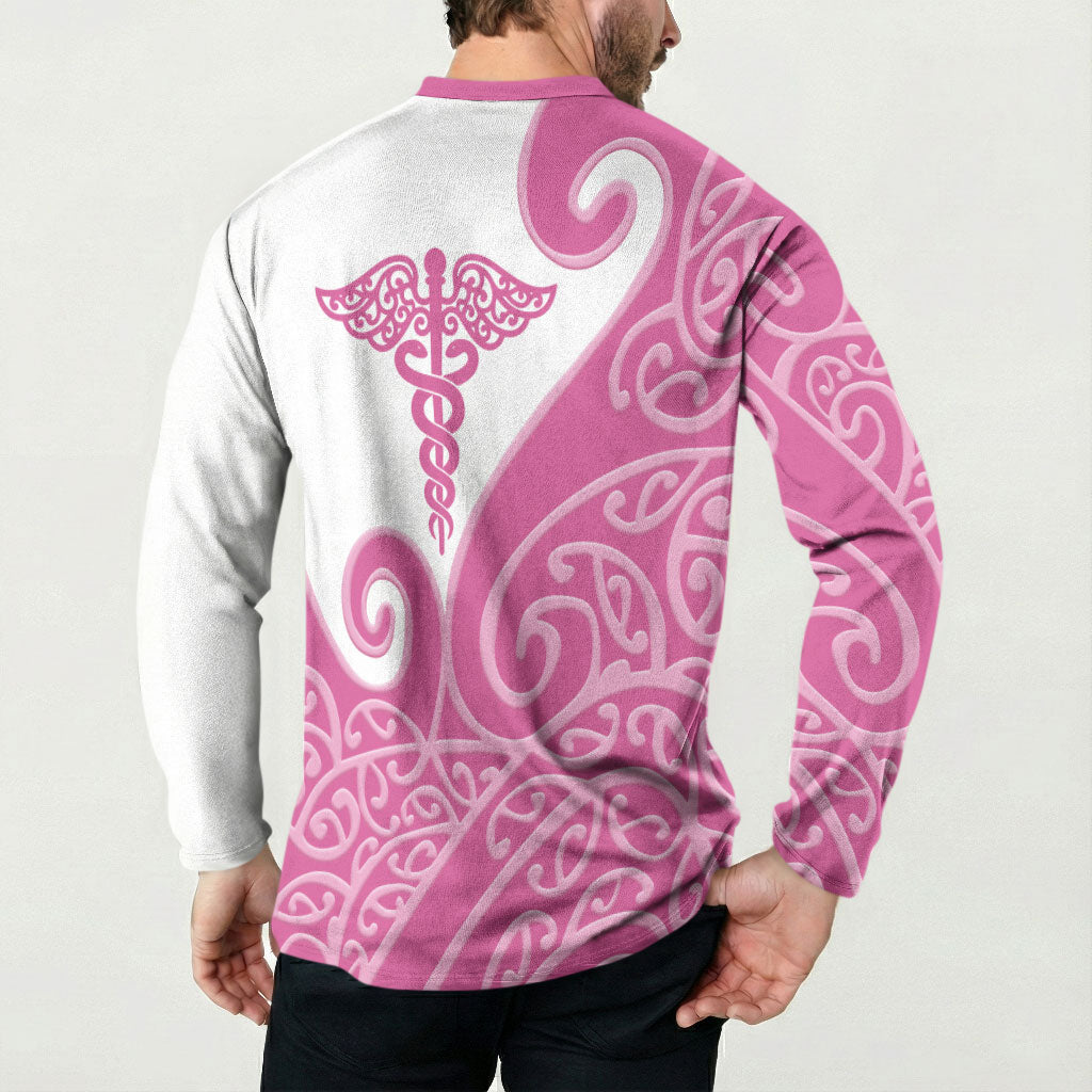 Personalised New Zealand Nurse Button Sweatshirt Maori Koru Pink Version
