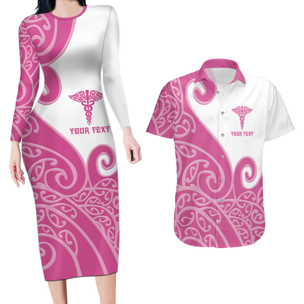 Personalised New Zealand Nurse Couples Matching Long Sleeve Bodycon Dress and Hawaiian Shirt Maori Koru Pink Version LT05 Pink - Polynesian Pride