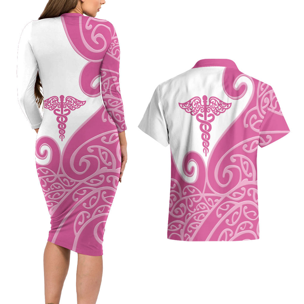 Personalised New Zealand Nurse Couples Matching Long Sleeve Bodycon Dress and Hawaiian Shirt Maori Koru Pink Version LT05 - Polynesian Pride