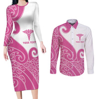 Personalised New Zealand Nurse Couples Matching Long Sleeve Bodycon Dress and Long Sleeve Button Shirt Maori Koru Pink Version LT05 Pink - Polynesian Pride