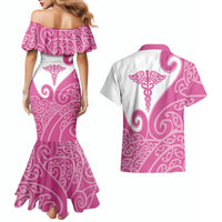 Personalised New Zealand Nurse Couples Matching Mermaid Dress and Hawaiian Shirt Maori Koru Pink Version LT05 - Polynesian Pride
