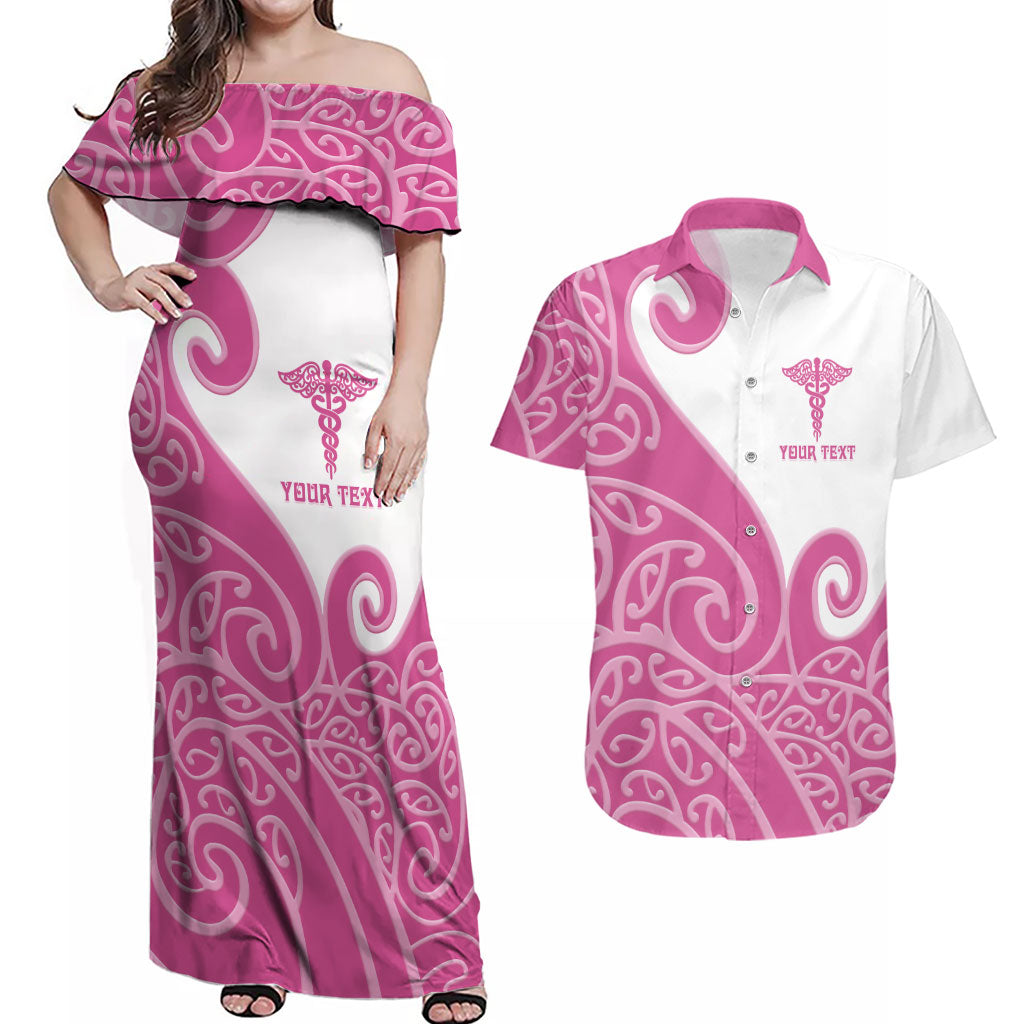 Personalised New Zealand Nurse Couples Matching Off Shoulder Maxi Dress and Hawaiian Shirt Maori Koru Pink Version LT05 Pink - Polynesian Pride