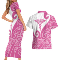 Personalised New Zealand Nurse Couples Matching Short Sleeve Bodycon Dress and Hawaiian Shirt Maori Koru Pink Version LT05 - Polynesian Pride