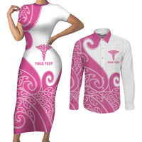 Personalised New Zealand Nurse Couples Matching Short Sleeve Bodycon Dress and Long Sleeve Button Shirt Maori Koru Pink Version LT05 Pink - Polynesian Pride