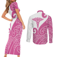 Personalised New Zealand Nurse Couples Matching Short Sleeve Bodycon Dress and Long Sleeve Button Shirt Maori Koru Pink Version LT05 - Polynesian Pride