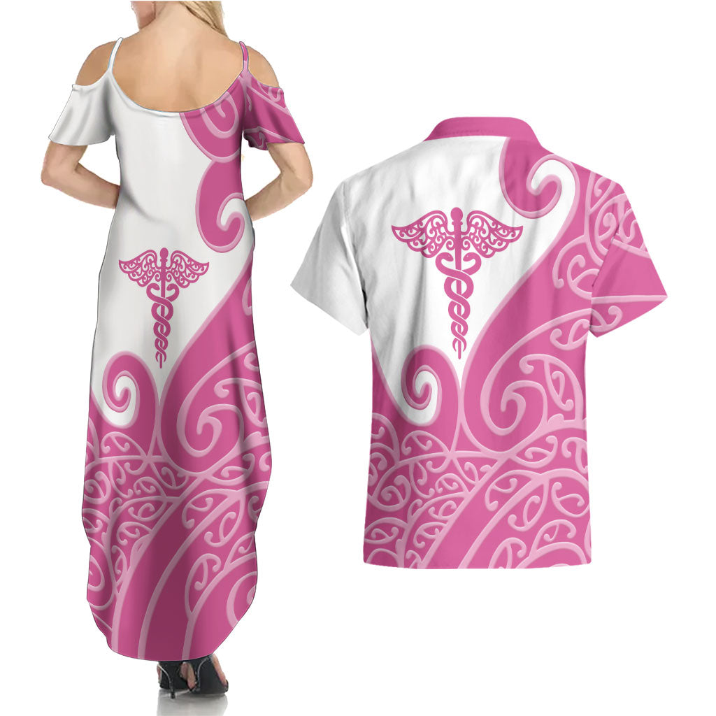 Personalised New Zealand Nurse Couples Matching Summer Maxi Dress and Hawaiian Shirt Maori Koru Pink Version LT05 - Polynesian Pride
