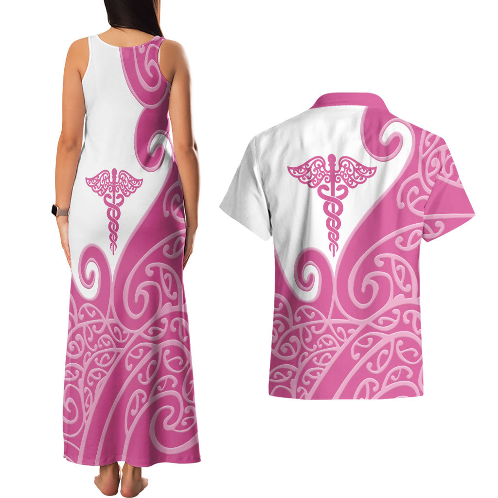 Personalised New Zealand Nurse Couples Matching Tank Maxi Dress and Hawaiian Shirt Maori Koru Pink Version LT05 - Polynesian Pride