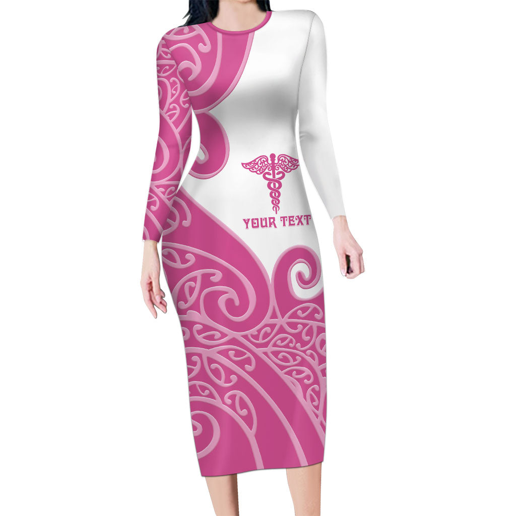 Personalised New Zealand Nurse Family Matching Long Sleeve Bodycon Dress and Hawaiian Shirt Maori Koru Pink Version LT05 Mom's Dress Pink - Polynesian Pride