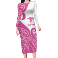 Personalised New Zealand Nurse Family Matching Long Sleeve Bodycon Dress and Hawaiian Shirt Maori Koru Pink Version LT05 Mom's Dress Pink - Polynesian Pride